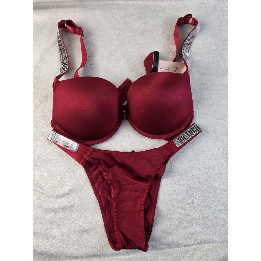 Victoria’s Secret Sexy  Shine Strap Push Up Bra Thong Set Smooth Wine  Red
